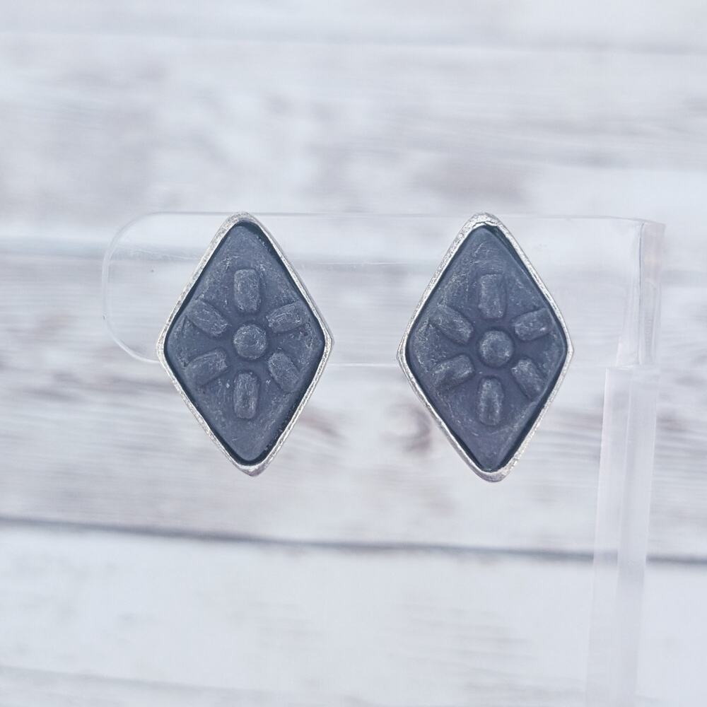 Vintage Clip On Earrings Dark Grey/Black Diamond Shape - Fair Condition